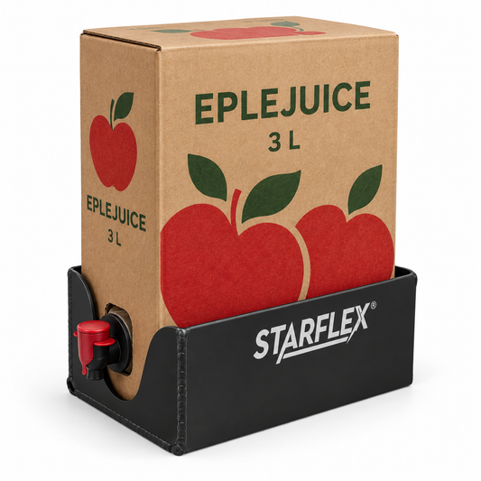 Illustrasjon: Starflex kartongholder med eplejuicekartong og ventil til venstre